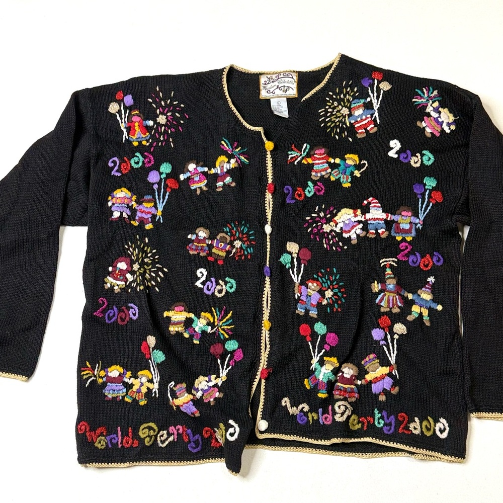 Vintage Heirloom Collectibles Y2K World Party 2000 Embroidered Cardigan Sz Large - Picture 7 of 7